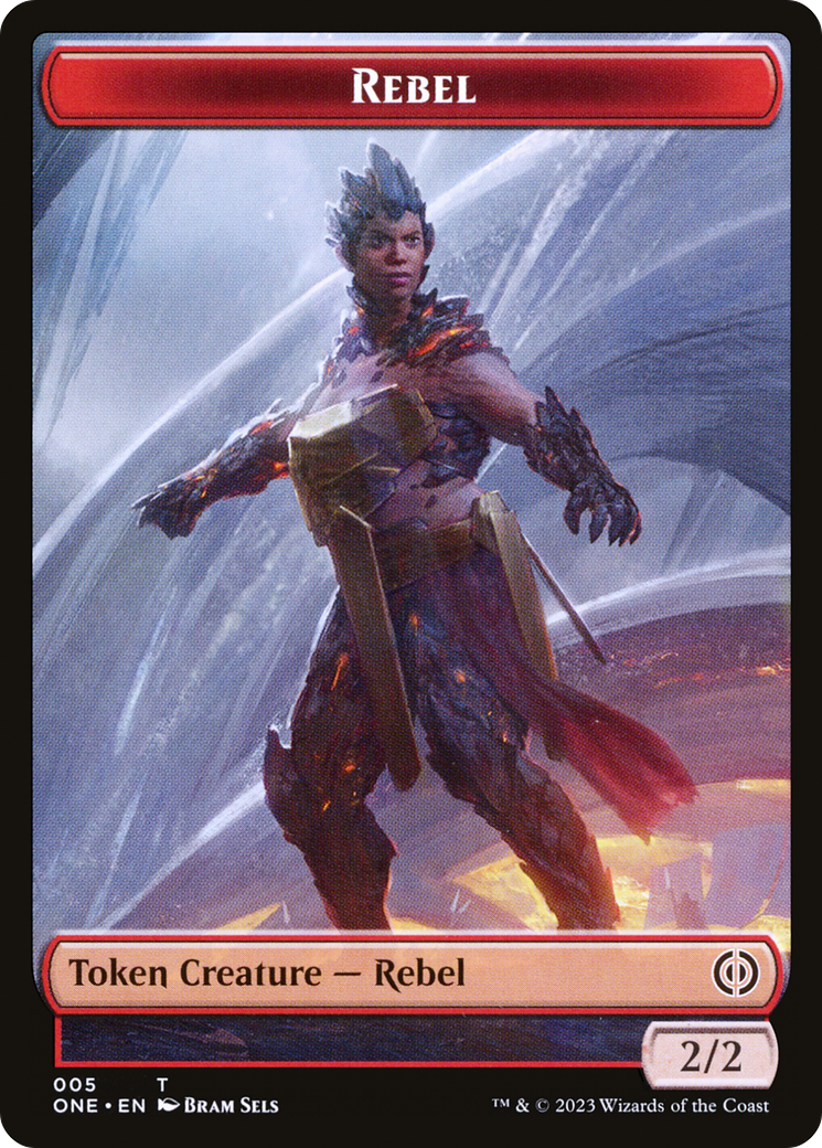 Rebel // Koth, Fire of Resistance Emblem Double-Sided Token [Phyrexia: All Will Be One Tokens] | Good Games Morley