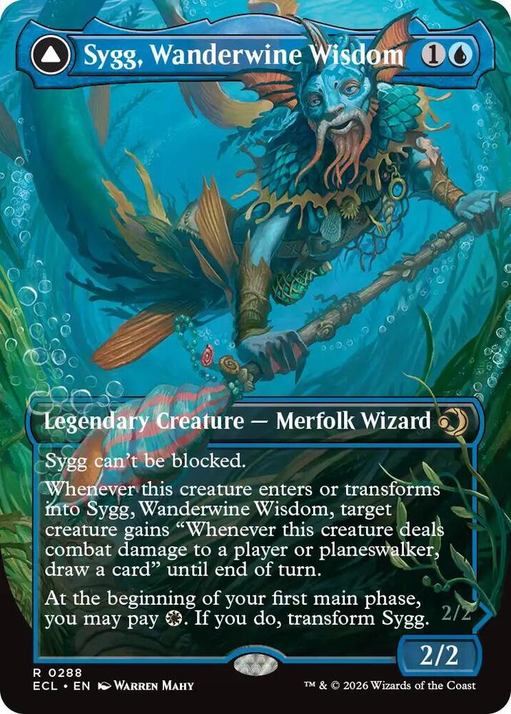 Sygg, Wanderwine Wisdom // Sygg, Wanderbrine Shield 288 (Lorwyn Eclipsed)  - Borderless Foil | Good Games Morley