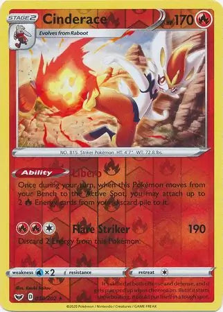 Cinderace 034/202 (SWSH01: Sword & Shield Base Set)  - Reverse Holofoil | Good Games Morley