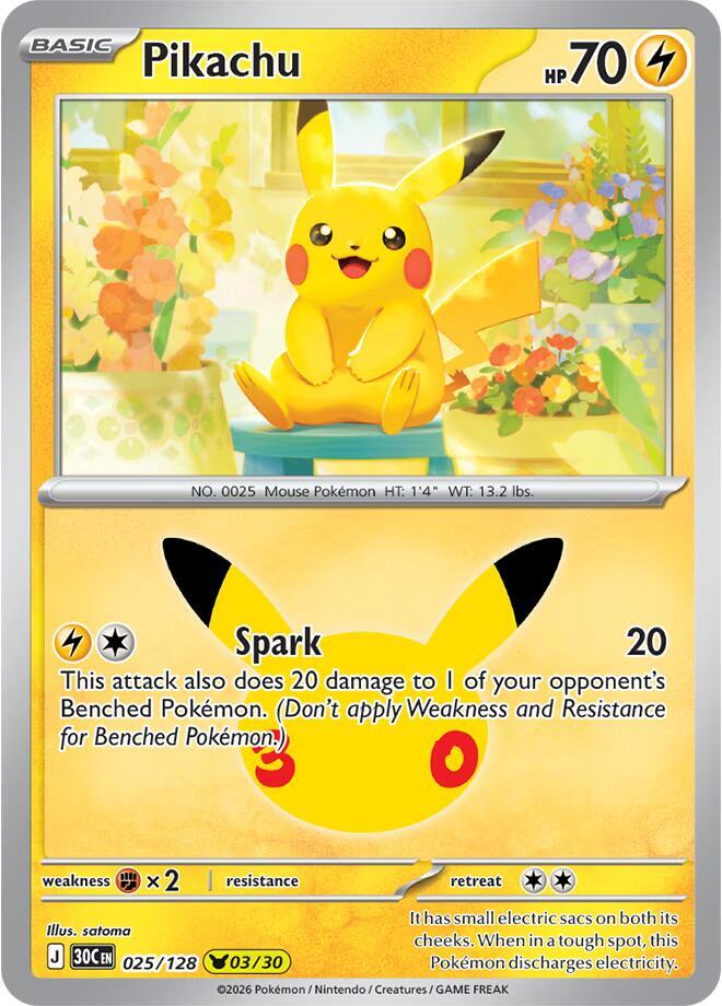 Pikachu 025/128 (ME: 30th Celebration)  - Holofoil | Good Games Morley