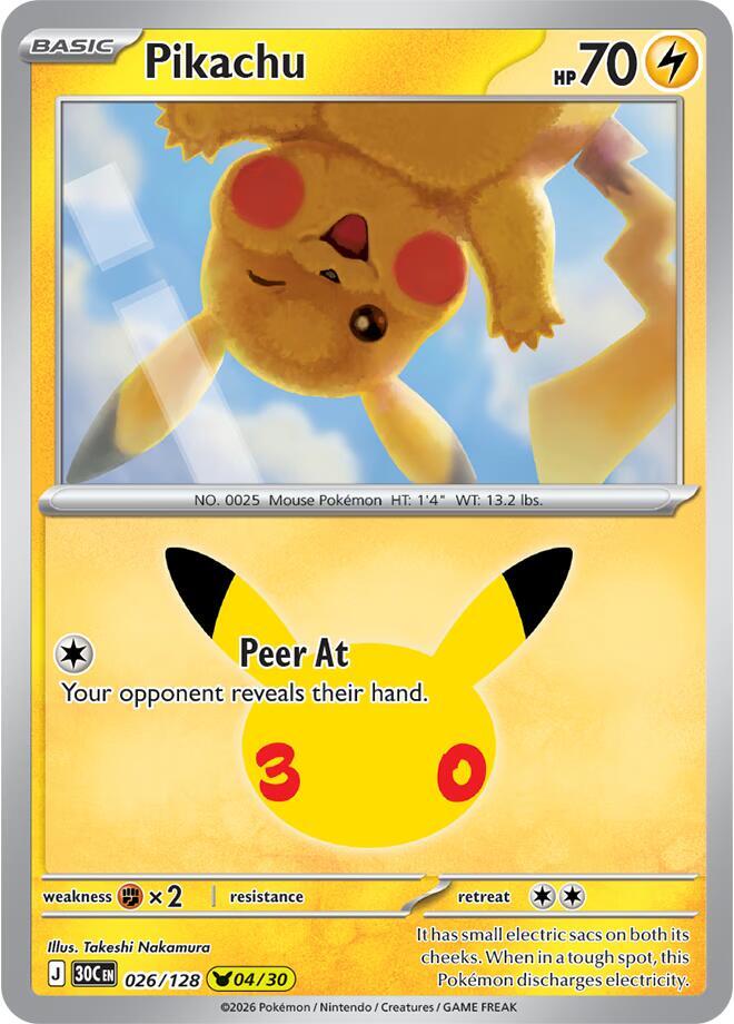 Pikachu 026/128 (ME: 30th Celebration)  - Holofoil | Good Games Morley