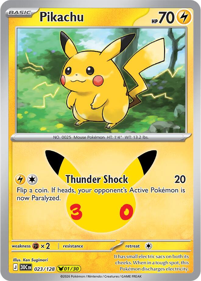 Pikachu 023/128 (ME: 30th Celebration)  - Holofoil | Good Games Morley