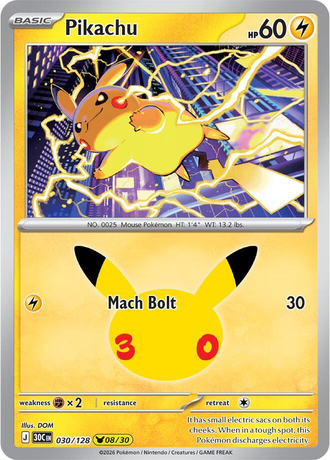 Pikachu 030/128 (ME: 30th Celebration)  - Holofoil | Good Games Morley