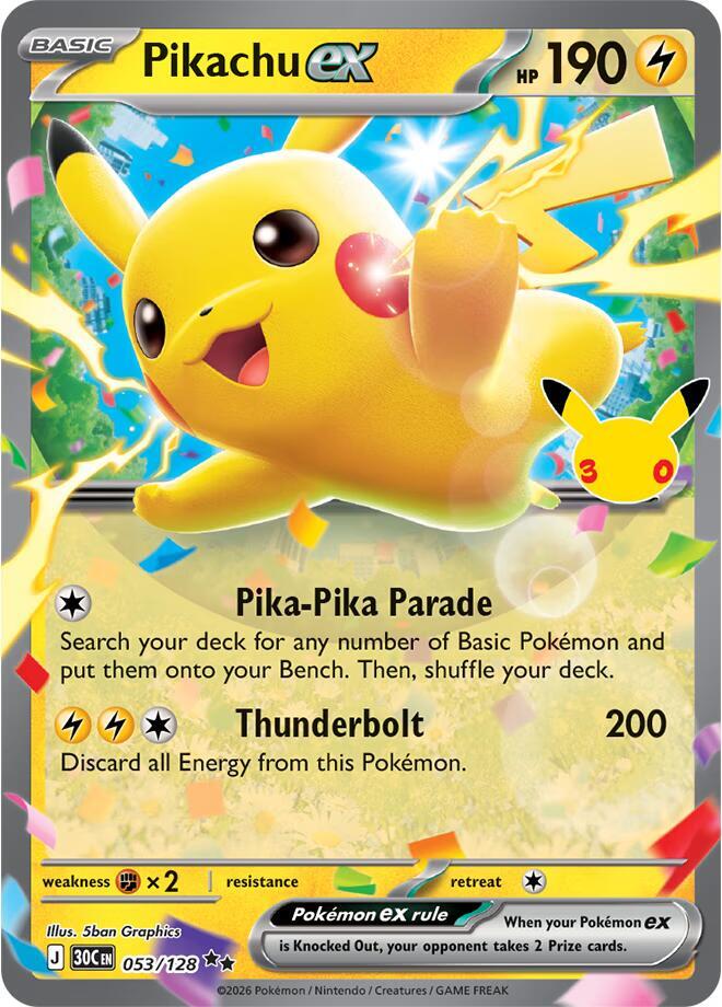 Pikachu ex 053/128 (ME: 30th Celebration)  - Holofoil | Good Games Morley