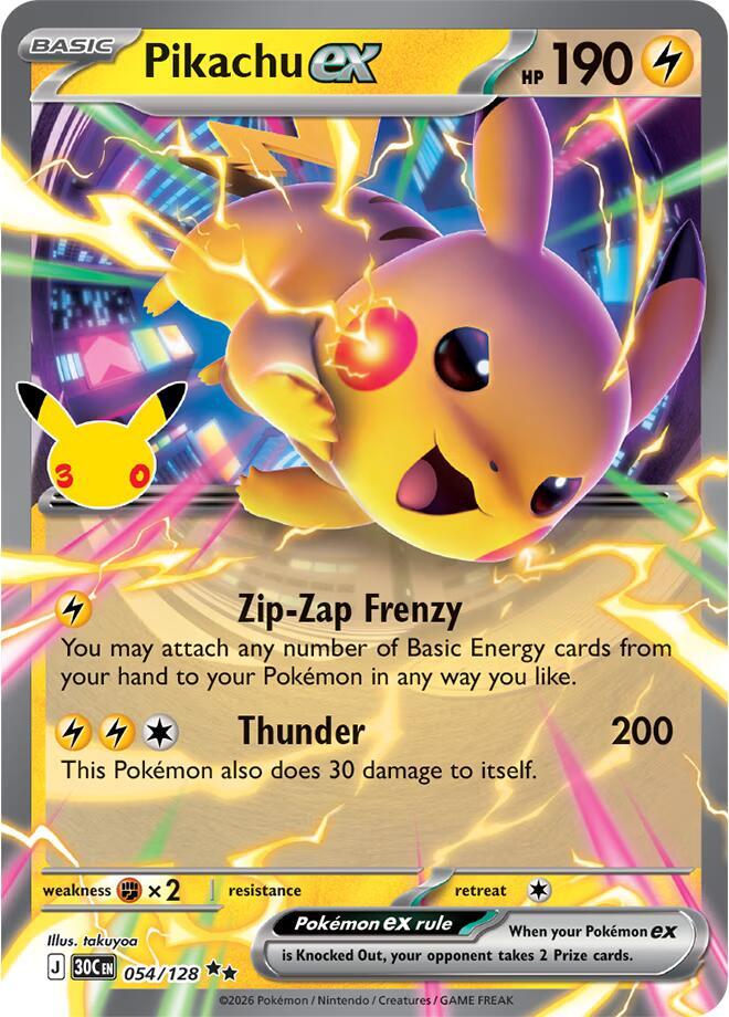 Pikachu ex 054/128 (ME: 30th Celebration)  - Holofoil | Good Games Morley