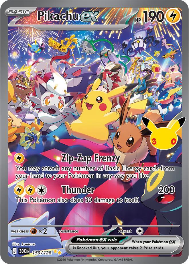 Pikachu ex 150/128 (ME: 30th Celebration)  - Holofoil | Good Games Morley