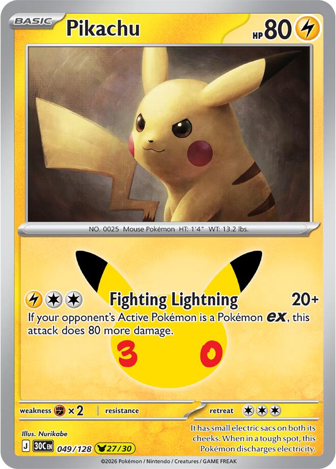 Pikachu 049/128 (ME: 30th Celebration)  - Holofoil | Good Games Morley