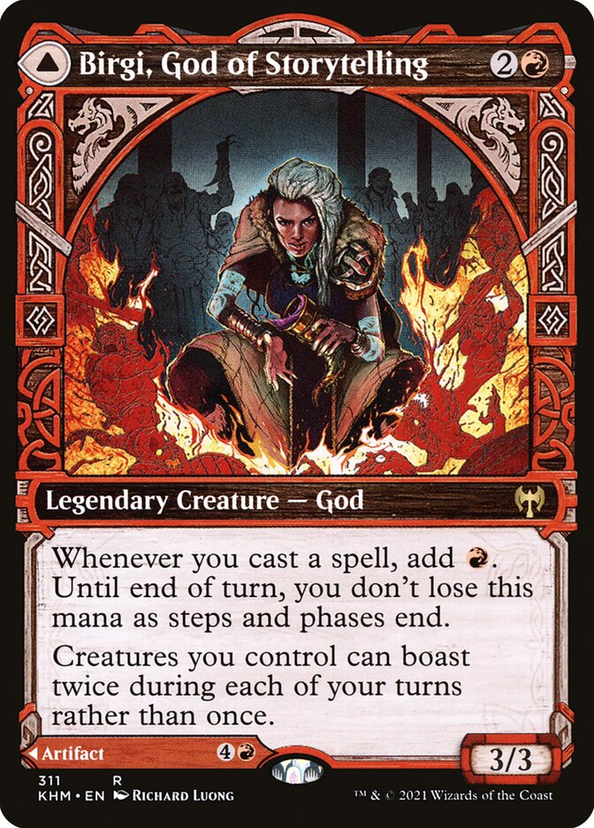 Birgi, God of Storytelling // Harnfel, Horn of Bounty 311 (Kaldheim)  - Showcase Foil | Good Games Morley