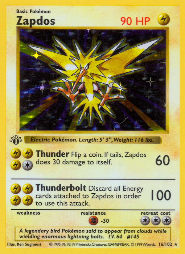 Zapdos (16/102) (Shadowless) [Base Set 1st Edition] | Good Games Morley