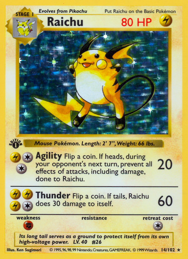 Raichu (14/102) (Shadowless) [Base Set 1st Edition] | Good Games Morley
