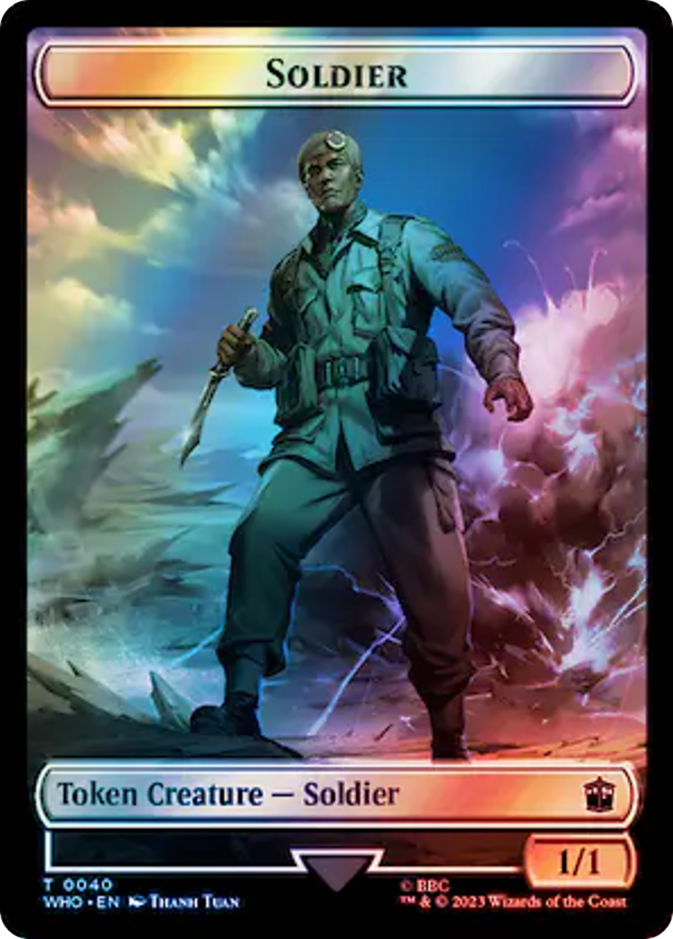 Soldier // Dinosaur Double-Sided Token (Surge Foil) [Doctor Who Tokens] | Good Games Morley