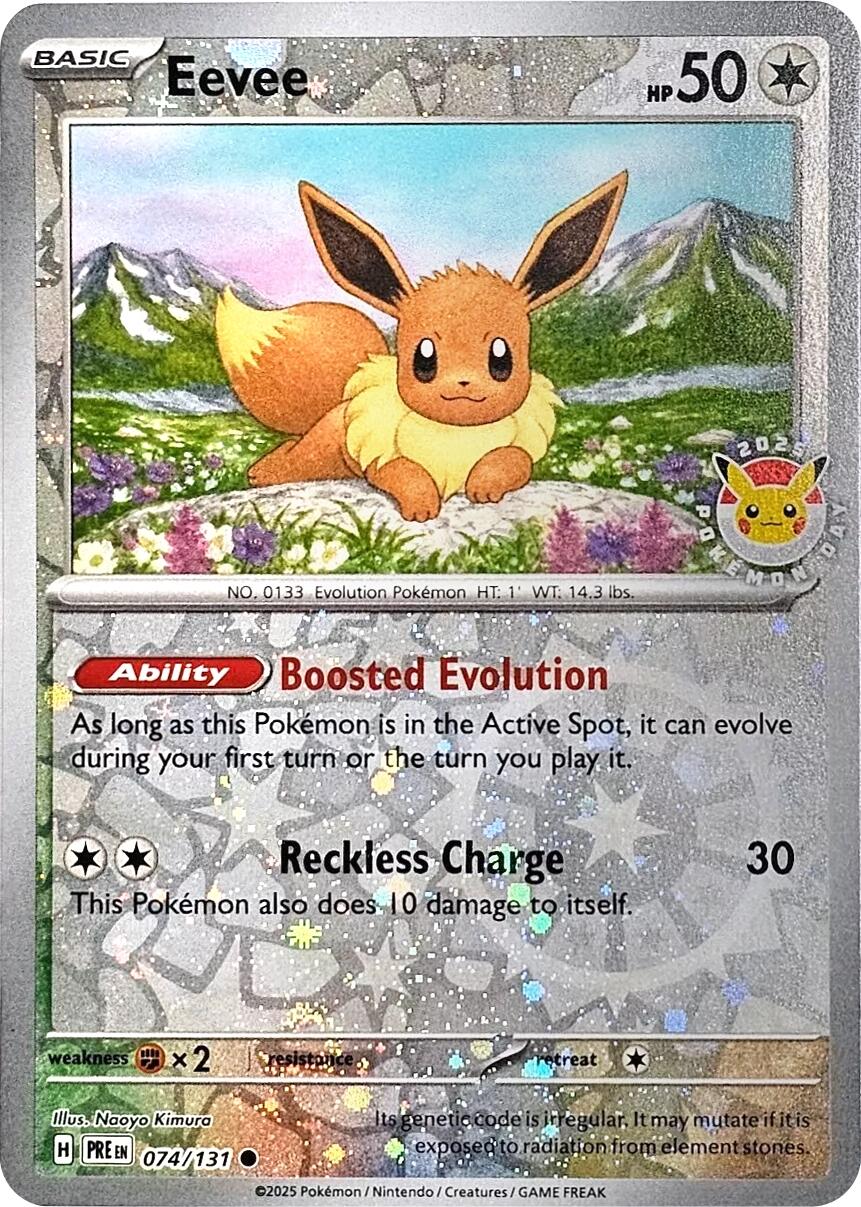 Eevee (074/131) (Pokemon Day 2025) (Reverse Cosmos Holo) [Scarlet & Violet: Prismatic Evolutions] | Good Games Morley