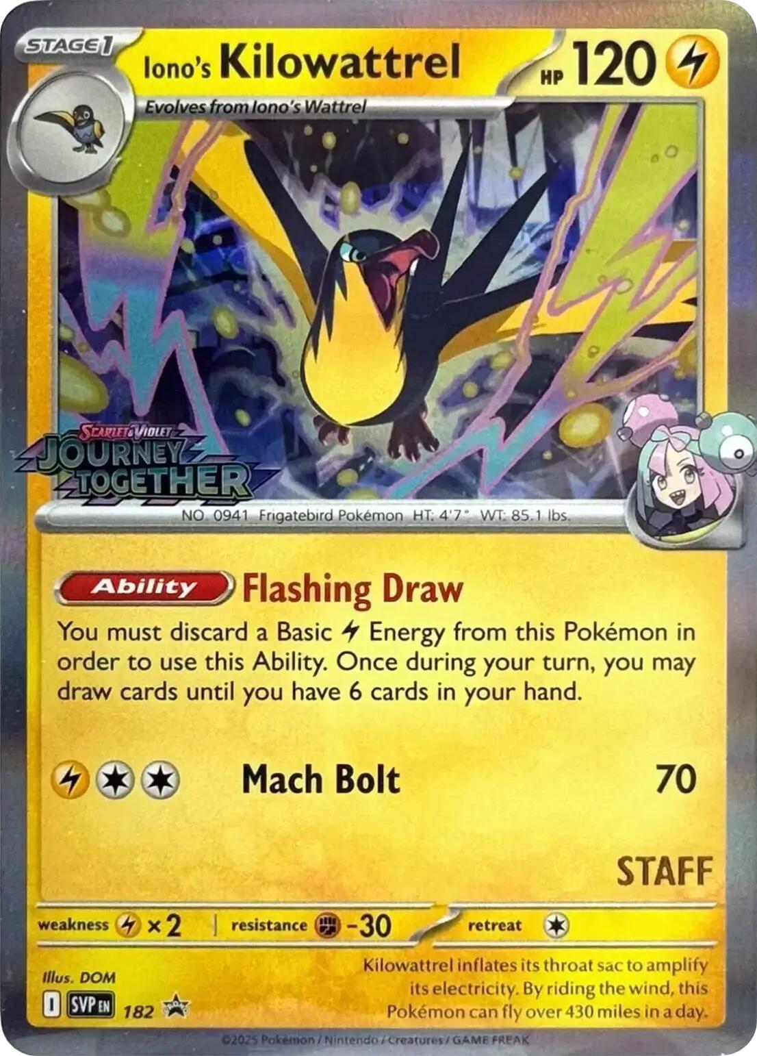 Iono's Kilowattrel (182) (Prerelease Staff) [Scarlet & Violet: Black Star Promos] | Good Games Morley