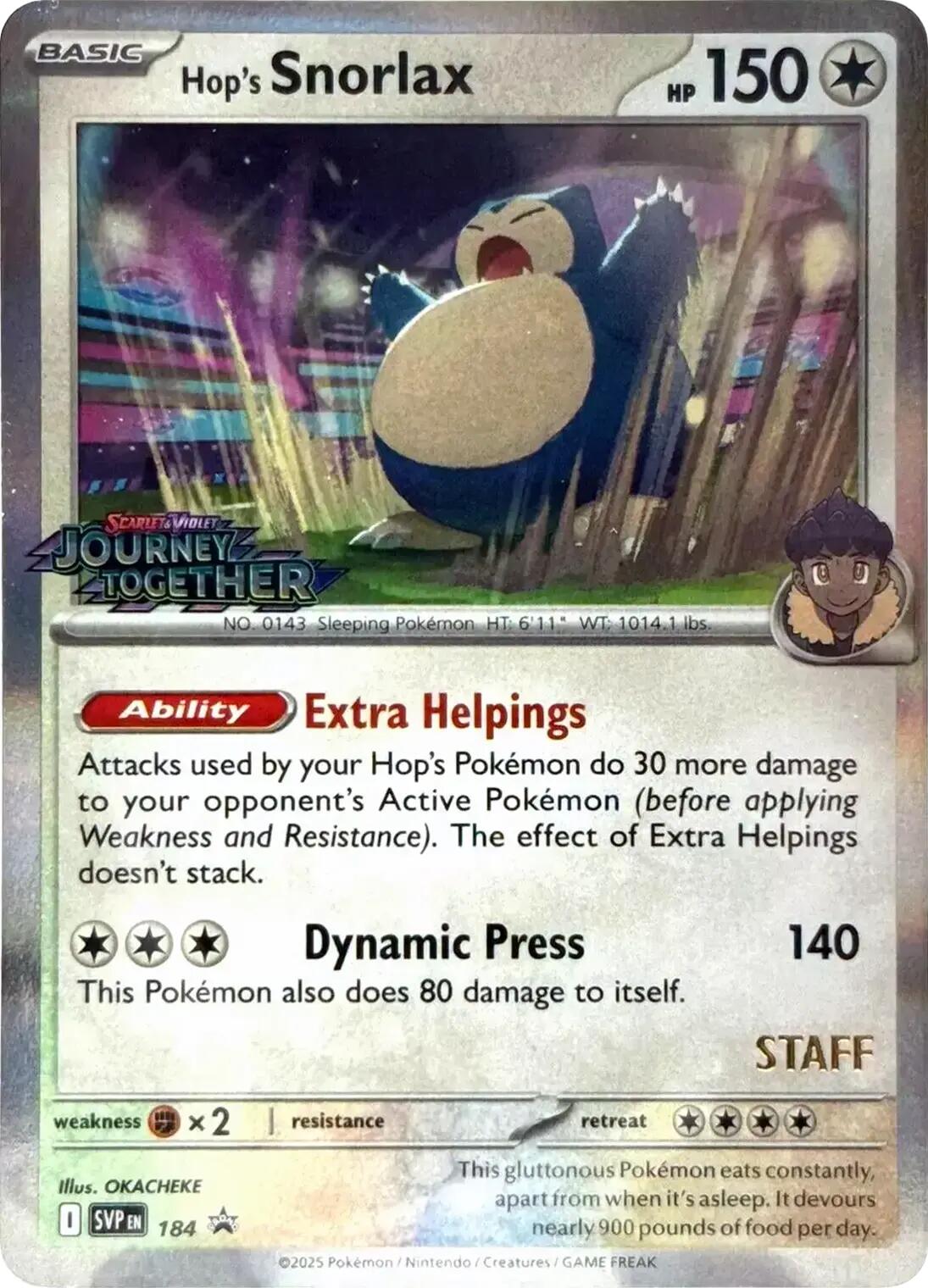 Hop's Snorlax (184) (Prerelease Staff) [Scarlet & Violet: Black Star Promos] | Good Games Morley