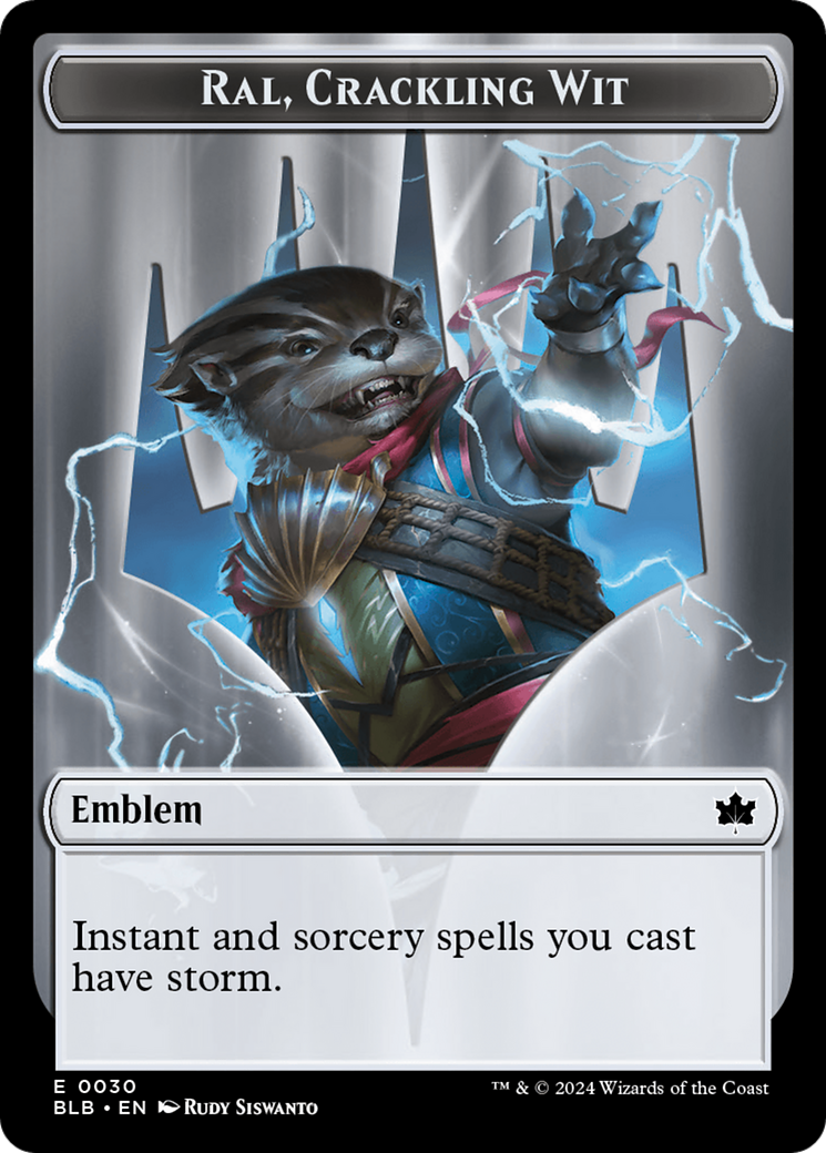 Emblem - Ral, Crackling Wit // Bushy Bodyguard Double-Sided Token [Bloomburrow Tokens] | Good Games Morley