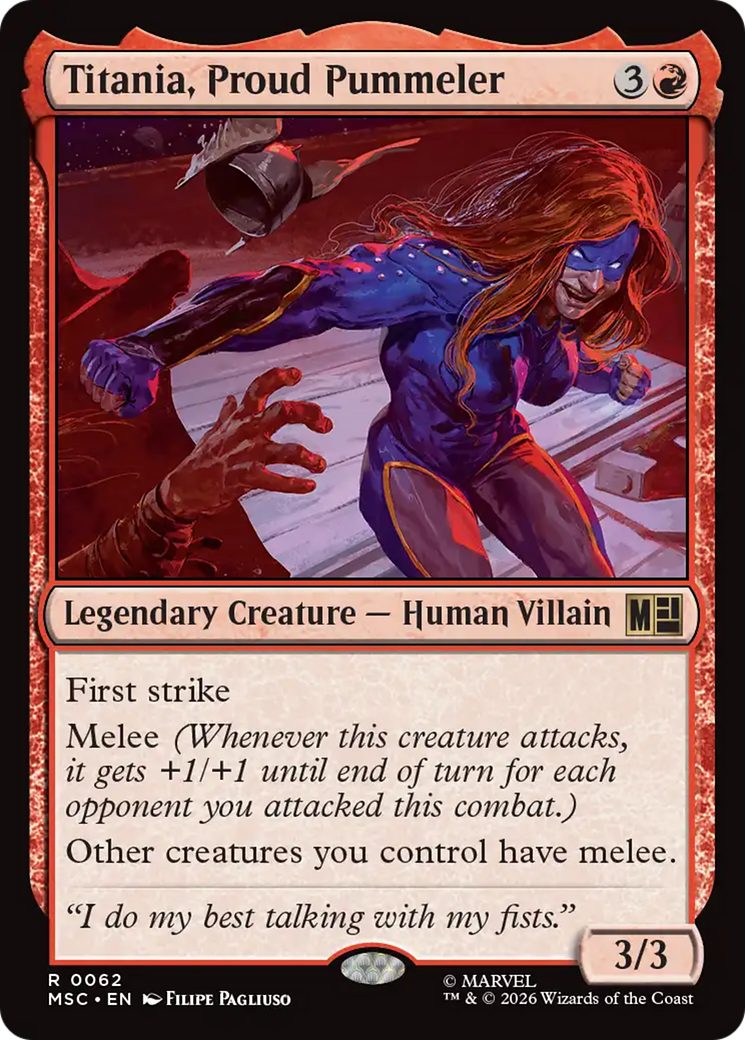 Titania, Proud Pummeler (Surge Foil) [Marvel Super Heroes Commander] | Good Games Morley