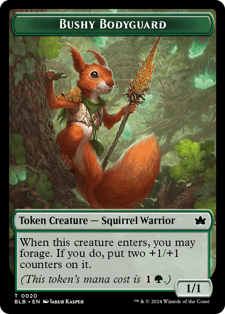 Emblem - Ral, Crackling Wit // Bushy Bodyguard Double-Sided Token [Bloomburrow Tokens] | Good Games Morley