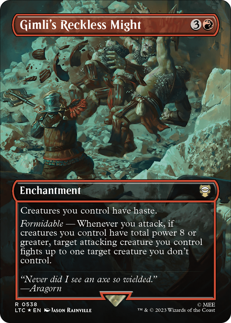 Gimli's Reckless Might (Borderless) (Surge Foil) [The Lord of the Rings: Tales of Middle-Earth Commander] | Good Games Morley