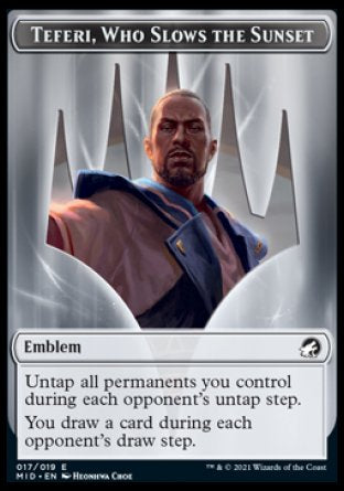 Clue // Teferi, Who Slows the Sunset Emblem Double-Sided Token [Innistrad: Midnight Hunt Tokens] | Good Games Morley