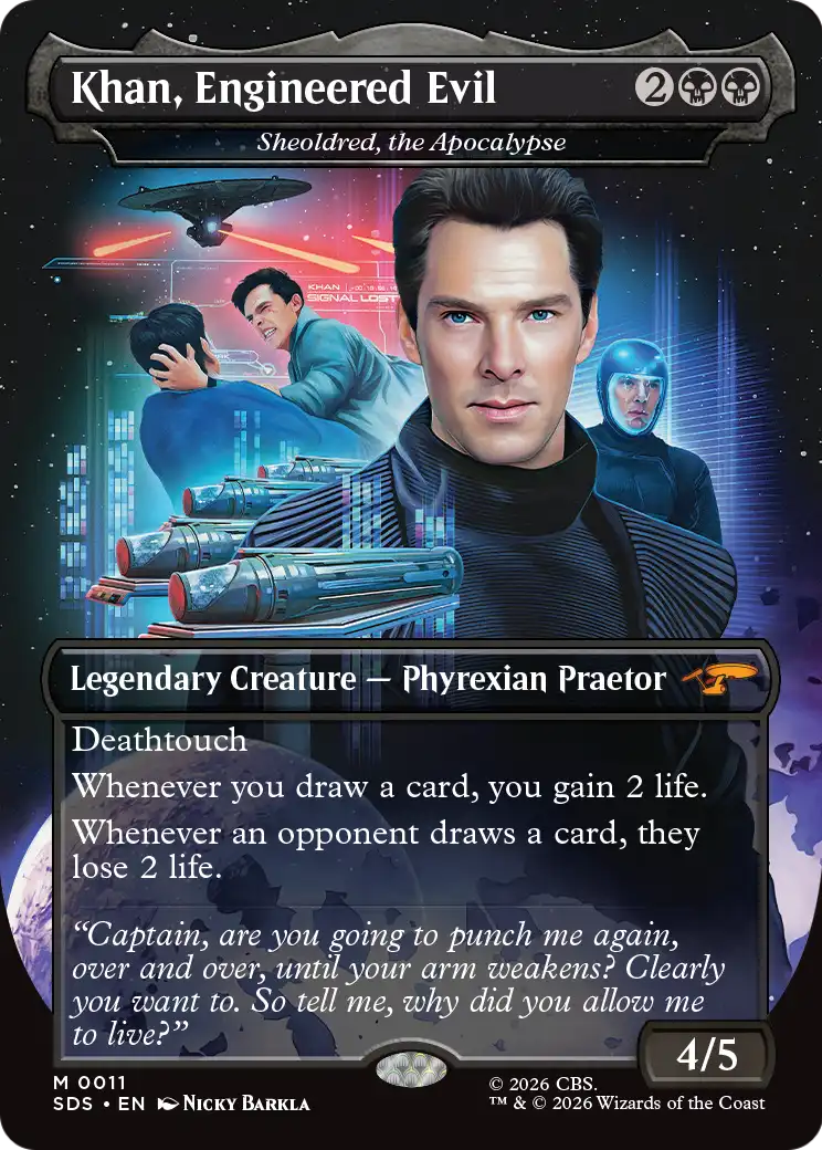 Khan, Engineered Evil - Sheoldred, the Apocalypse (Borderless) [Star Trek: Stardates] | Good Games Morley