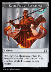 Rebel // Koth, Fire of Resistance Emblem Double-Sided Token [Phyrexia: All Will Be One Tokens] | Good Games Morley