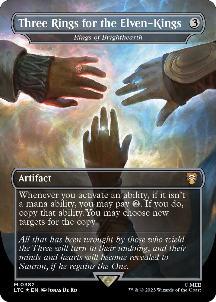 Three Rings for the Elven Kings Rings of Brighthearth Borderless Surge Foil 382 (Commander: The Lord of the Rings: Tales of Middle-earth)  - Borderless Surge Foil | Good Games Morley