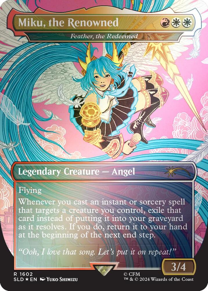 Miku, the Renowned // Feather, the Redeemed 1602 (Secret Lair Drop Series)  - Borderless Rainbow Foil | Good Games Morley
