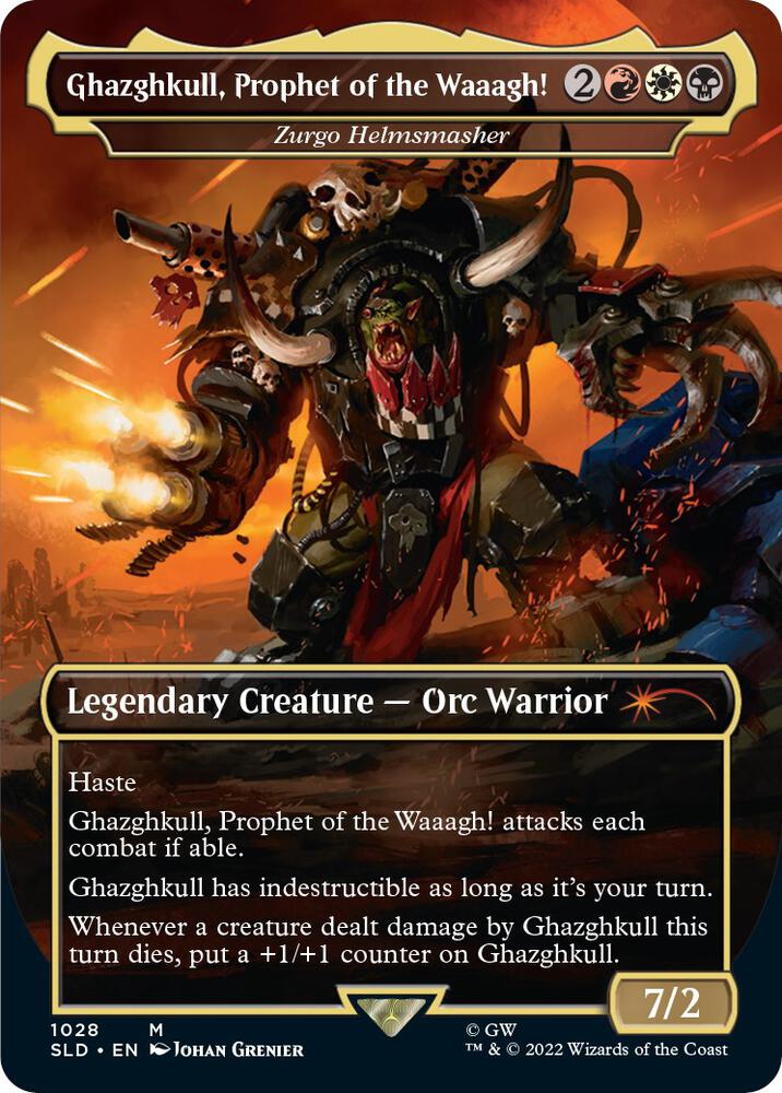 Ghazghkull, Prophet of the Waaagh // Zurgo Helmsmasher 1028 (Secret Lair Drop Series)  - Borderless Foil | Good Games Morley