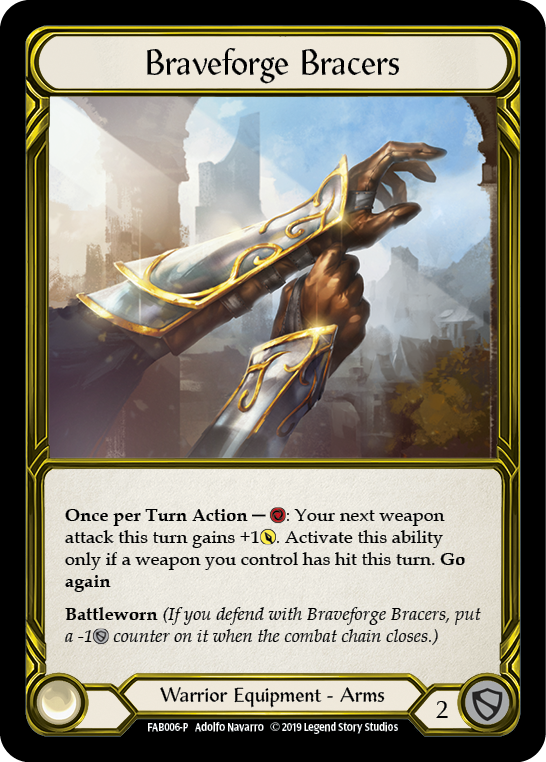 Braveforge Bracers [FAB006-P] (Promo)  1st Edition Cold Foil - Golden | Good Games Morley
