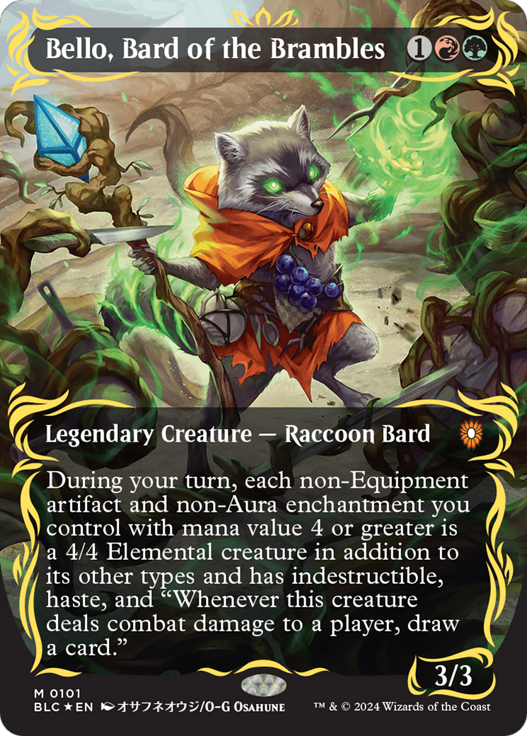 Bello, Bard of the Brambles (Borderless) (Raised Foil) [Bloomburrow Commander] | Good Games Morley