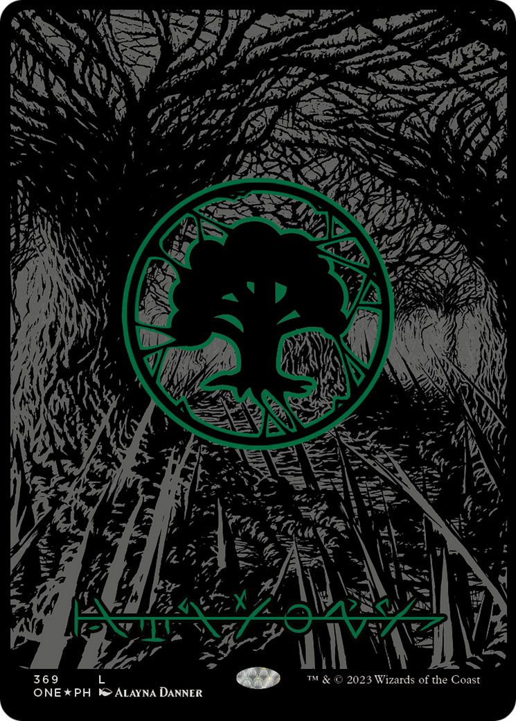 Forest (369) (Oil Slick Raised Foil) [Phyrexia: All Will Be One] | Good Games Morley