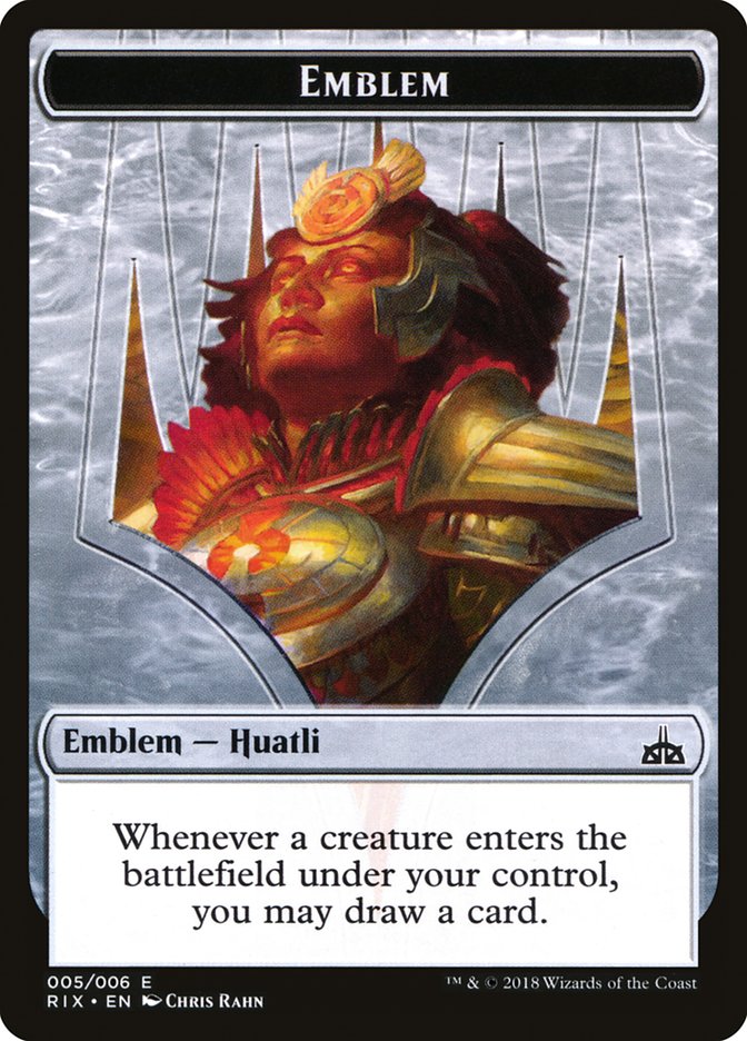 Huatli, Radiant Champion Emblem [Rivals of Ixalan Tokens] | Good Games Morley
