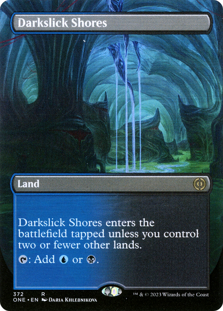 Darkslick Shores (Borderless Alternate Art) [Phyrexia: All Will Be One] | Good Games Morley