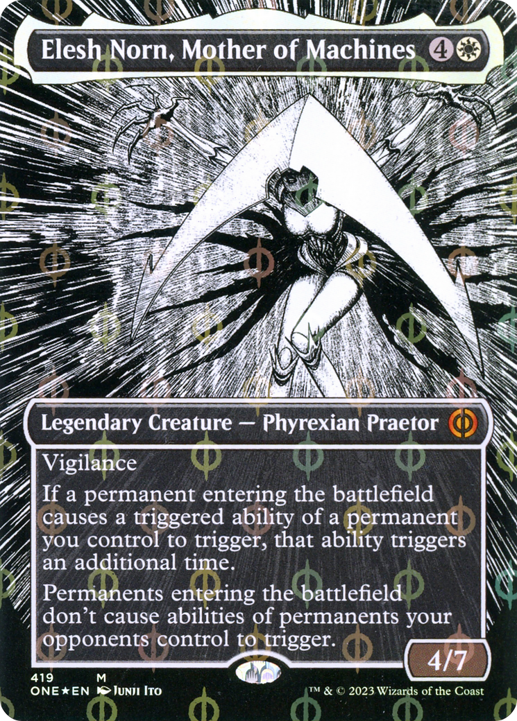 Elesh Norn, Mother of Machines (Borderless Manga Step-and-Compleat Foil) [Phyrexia: All Will Be One] | Good Games Morley