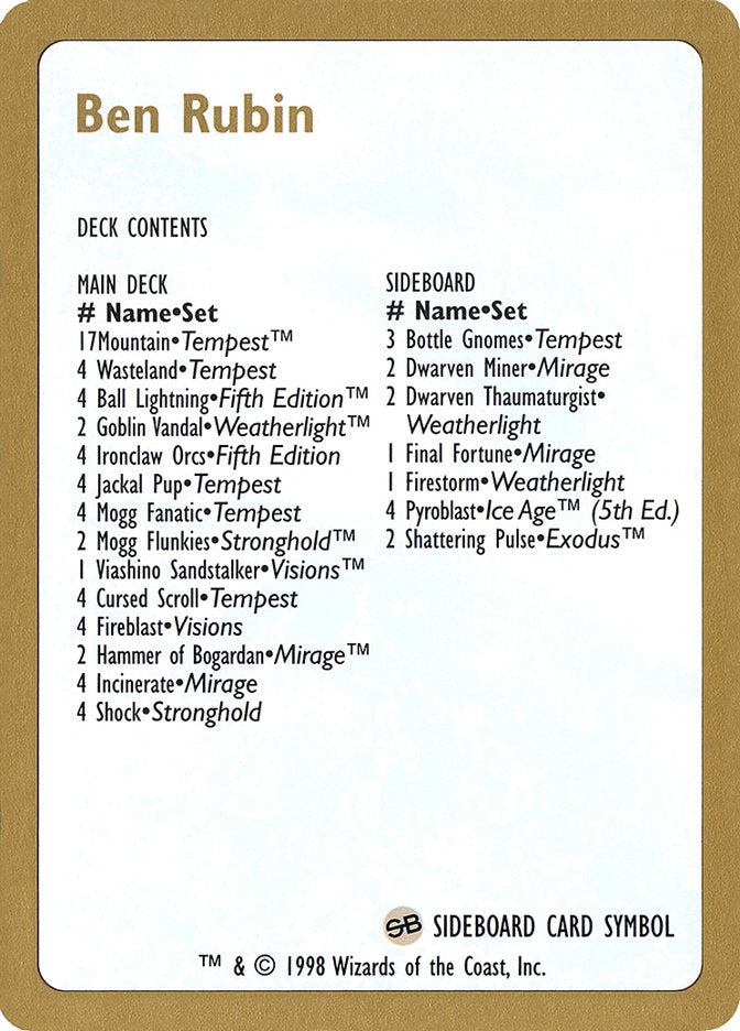 Ben Rubin Decklist [World Championship Decks 1998] | Good Games Morley