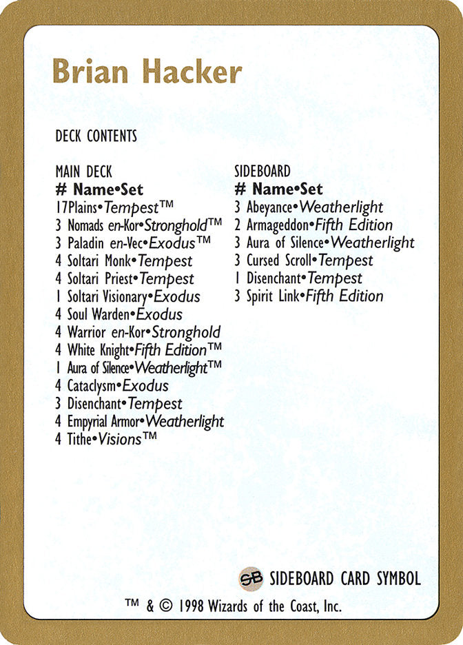 Brian Hacker Decklist [World Championship Decks 1998] | Good Games Morley