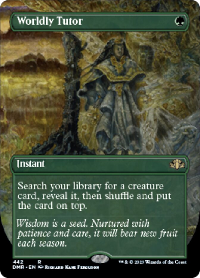 Worldly Tutor (Borderless Alternate Art) [Dominaria Remastered] | Good Games Morley